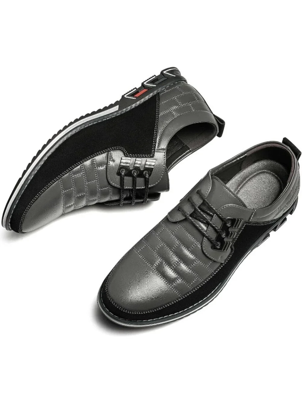Men's Grey Plaid Embossed Grid Leather Comfortable Hybrid Oxford Dress Sneakers